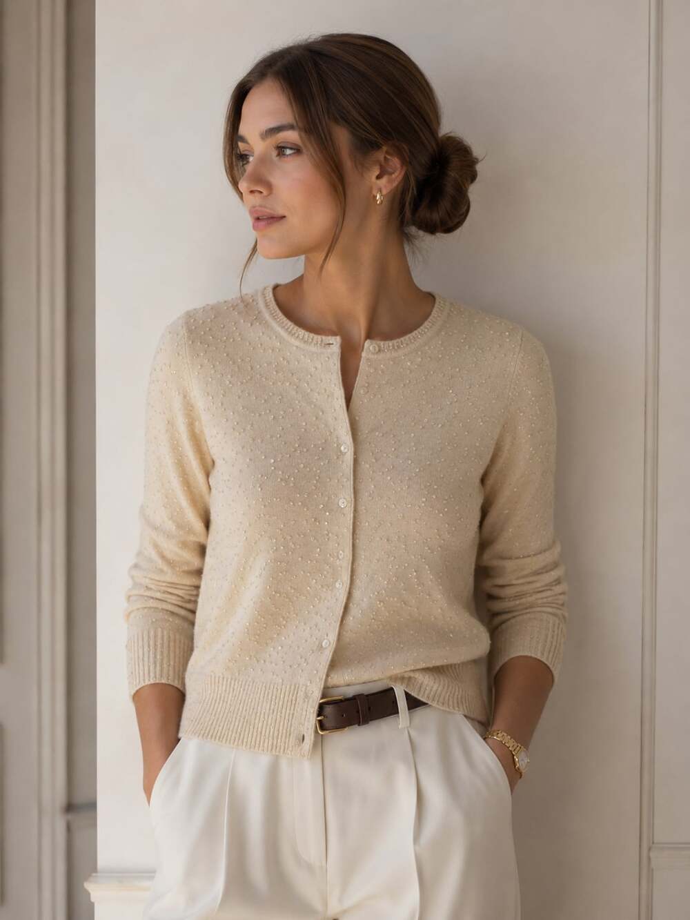 Aqua Cashmere 100% Cashmere Sequin Cardigan Ivory Small Quiet Luxury